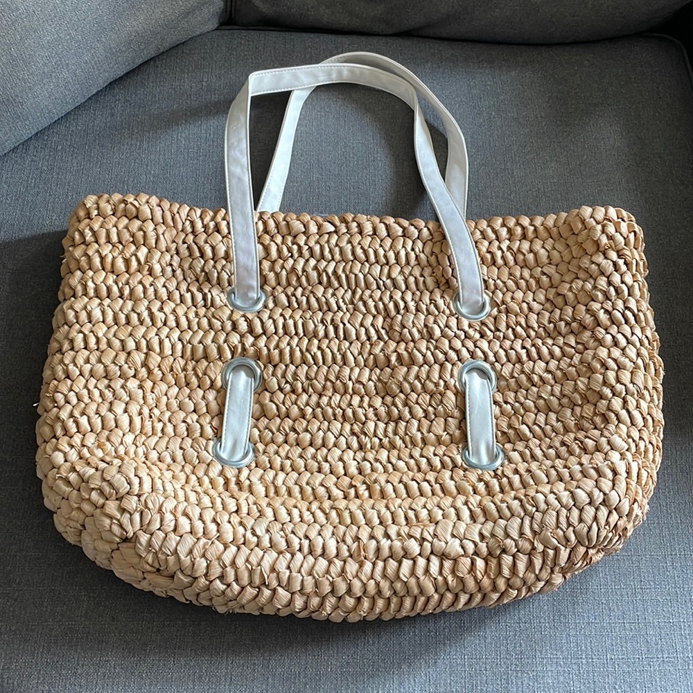 Comsi:Comsa Large Straw Bag with White Strap Handles